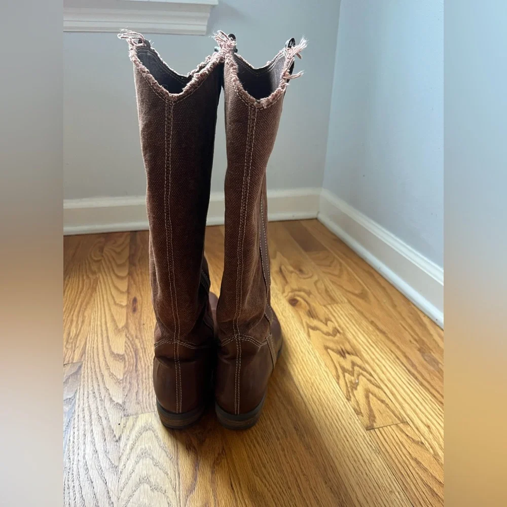 Sundance Catalog Brown Canvas & Leather Tall Riding Boots Women's EU 38